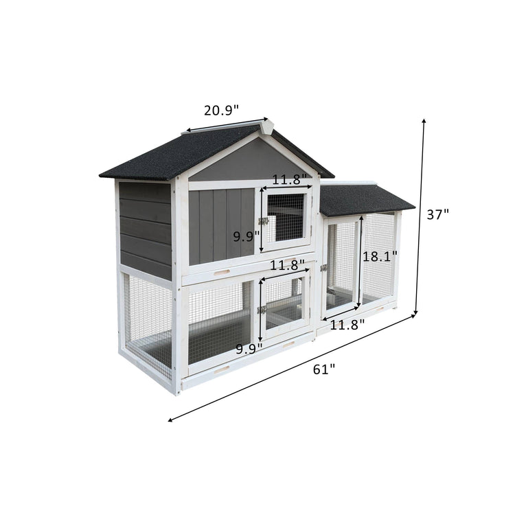 Wooden outdoor rabbit hutch with removable tray ramp, running cage, and overall dimensions of 61"L x 20.9"D x 37"H.
