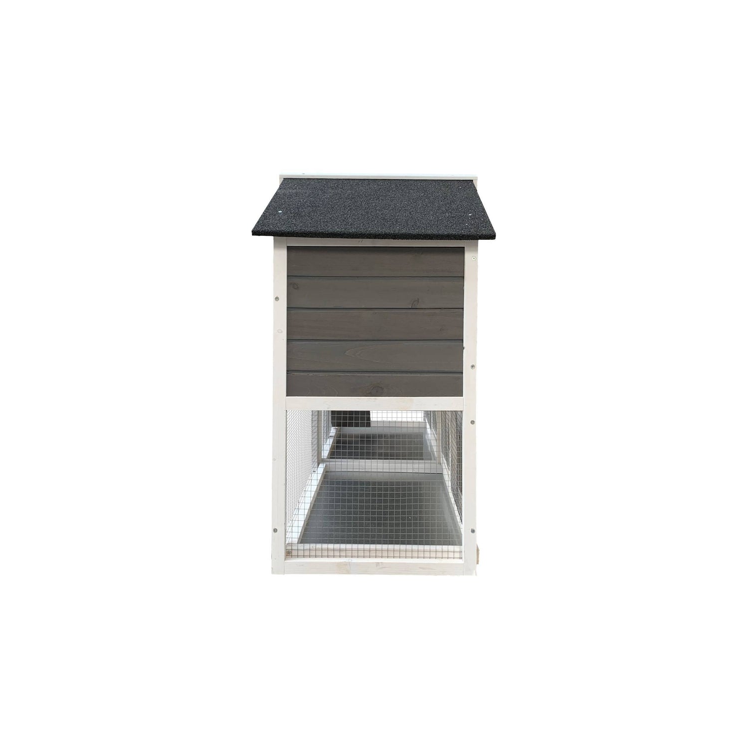 Wooden outdoor rabbit hutch with removable tray and running cage, designed for easy access and ventilation.