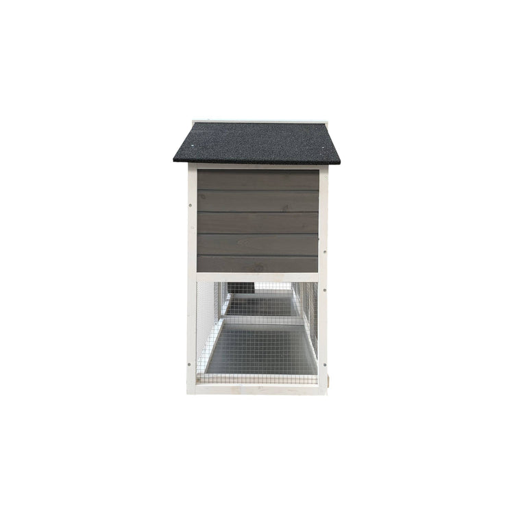 Wooden outdoor rabbit hutch with removable tray and running cage, designed for easy access and ventilation.