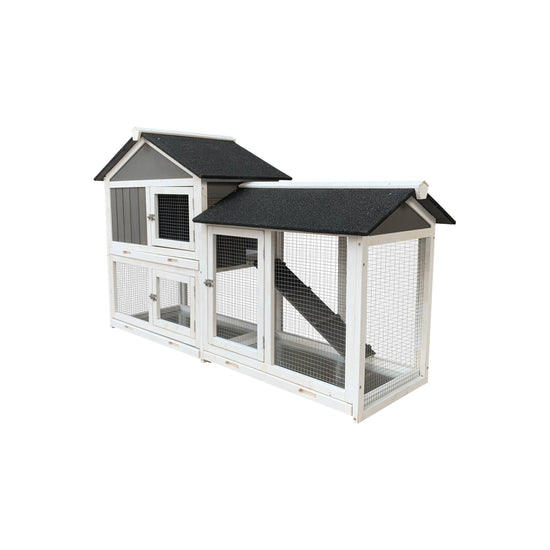 Removable tray ramp wooden outdoor rabbit hutch with running cage, ideal for pets.