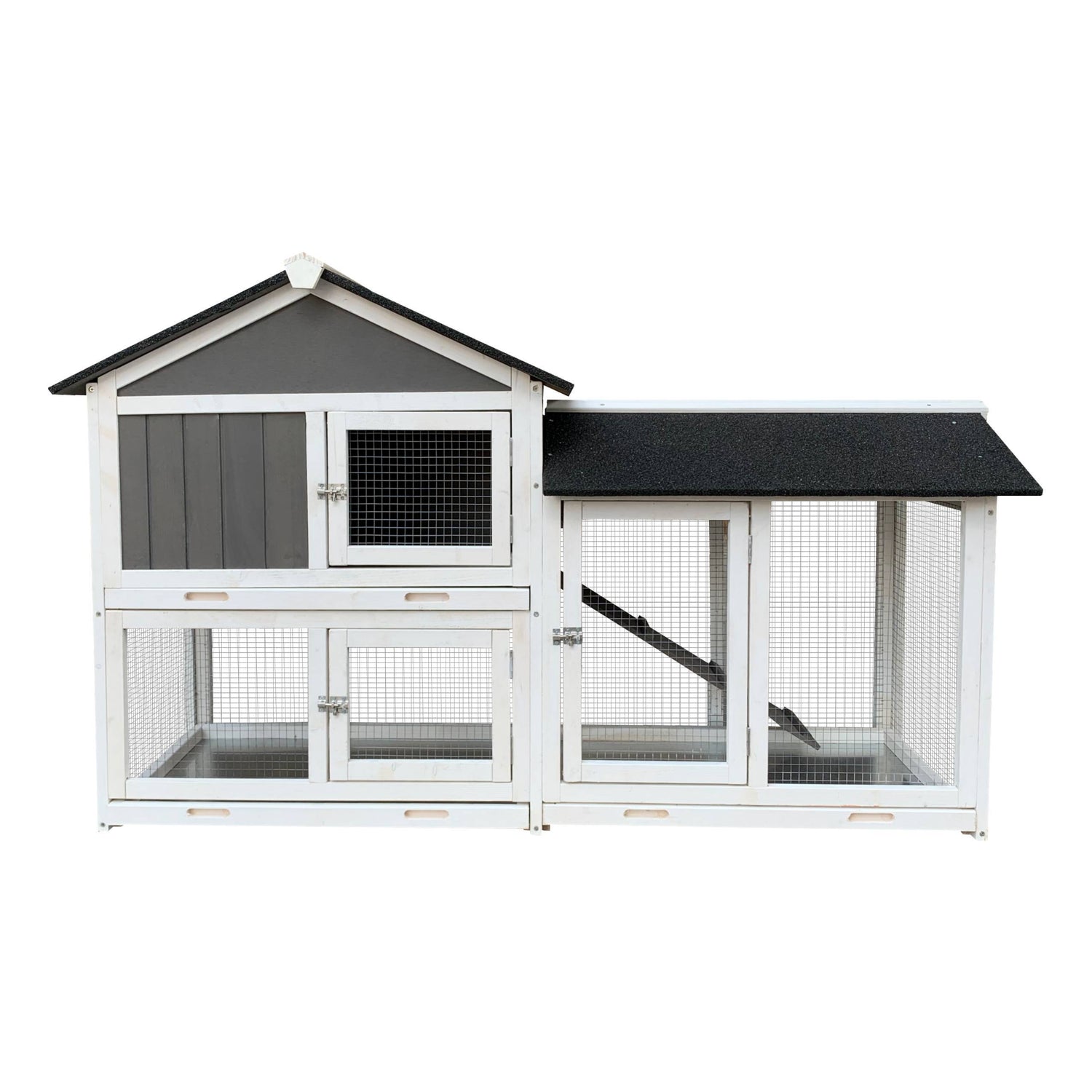 Outdoor wooden rabbit hutch with removable tray, running cage, and spacious design for small animals.