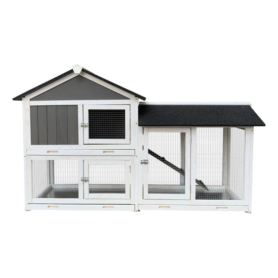 Outdoor wooden rabbit hutch with removable tray, running cage, and spacious design for small animals.