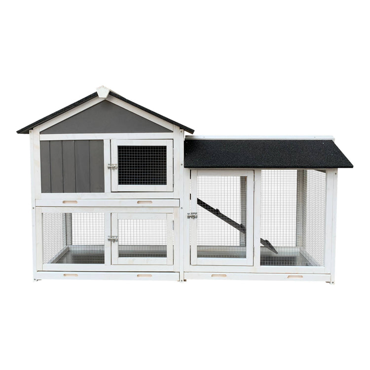 Outdoor wooden rabbit hutch with removable tray, running cage, and spacious design for small animals.