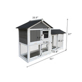 Wooden outdoor rabbit hutch with removable tray ramp, running cage, and overall dimensions of 61"L x 20.9"D x 37"H.