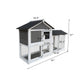 Wooden outdoor rabbit hutch with removable tray ramp, running cage, and overall dimensions of 61"L x 20.9"D x 37"H.
